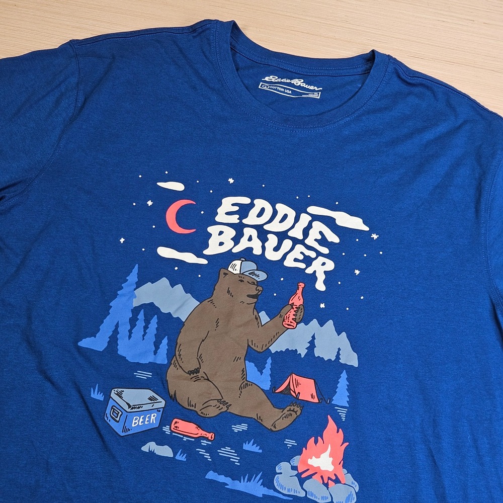Eddie Bauer T-Shirt Mens XL Blue Bear Camping Graphic Tee Outdoors Short Sleeve